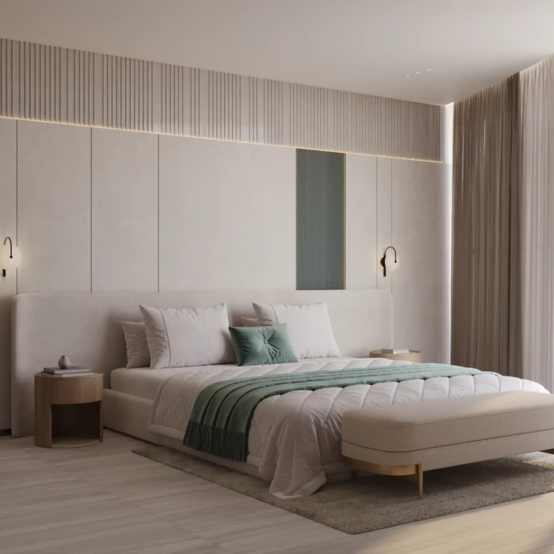 A modern minimalist bedroom at Binghatti Aquarise features a large bed, neutral tones, green and white bedding, bedside tables, wall-mounted lights, floor-to-ceiling windows, and sheer curtains overlooking a vibrant cityscape.