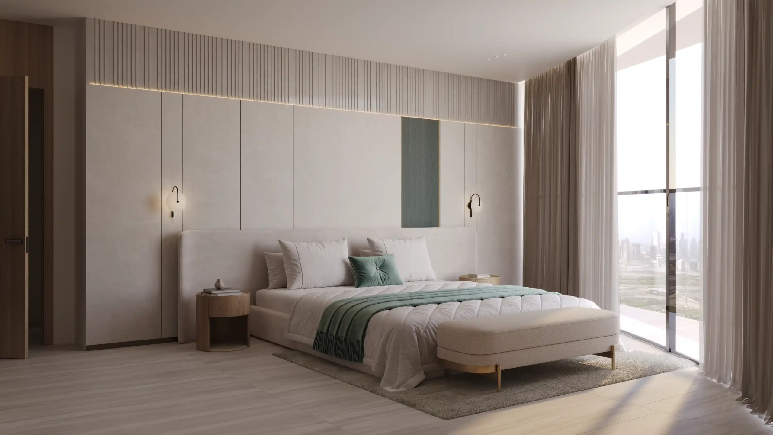 A modern minimalist bedroom at Binghatti Aquarise features a large bed, neutral tones, green and white bedding, bedside tables, wall-mounted lights, floor-to-ceiling windows, and sheer curtains overlooking a vibrant cityscape.