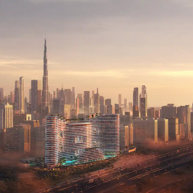 A futuristic cityscape at sunset features tall skyscrapers, including the iconic Burj Khalifa and Binghatti Aquarise, with modern, curved buildings in the foreground and highways surrounded by light mist.