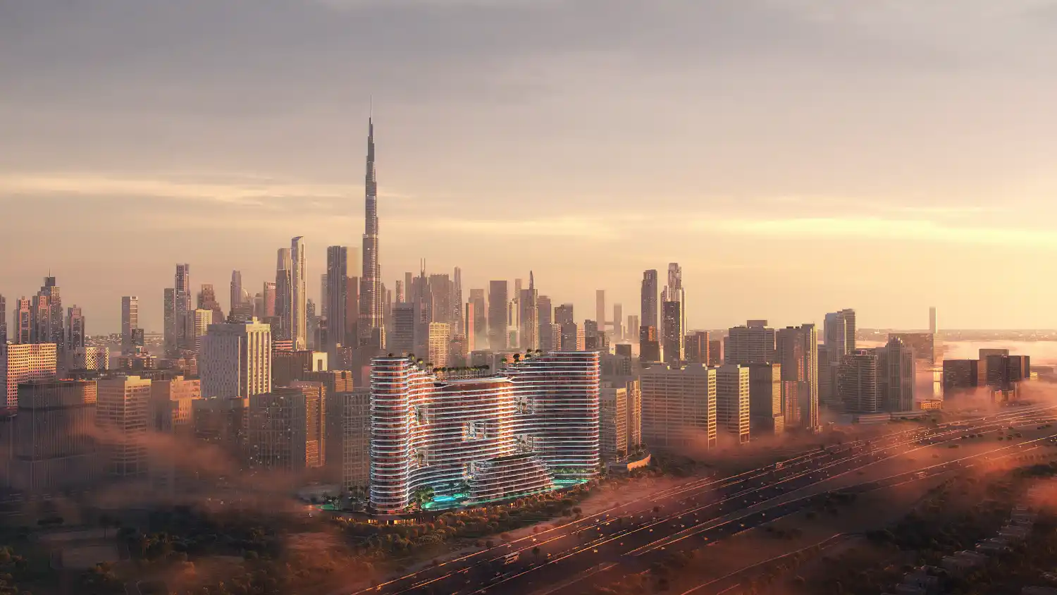 A futuristic cityscape at sunset features tall skyscrapers, including the iconic Burj Khalifa and Binghatti Aquarise, with modern, curved buildings in the foreground and highways surrounded by light mist.