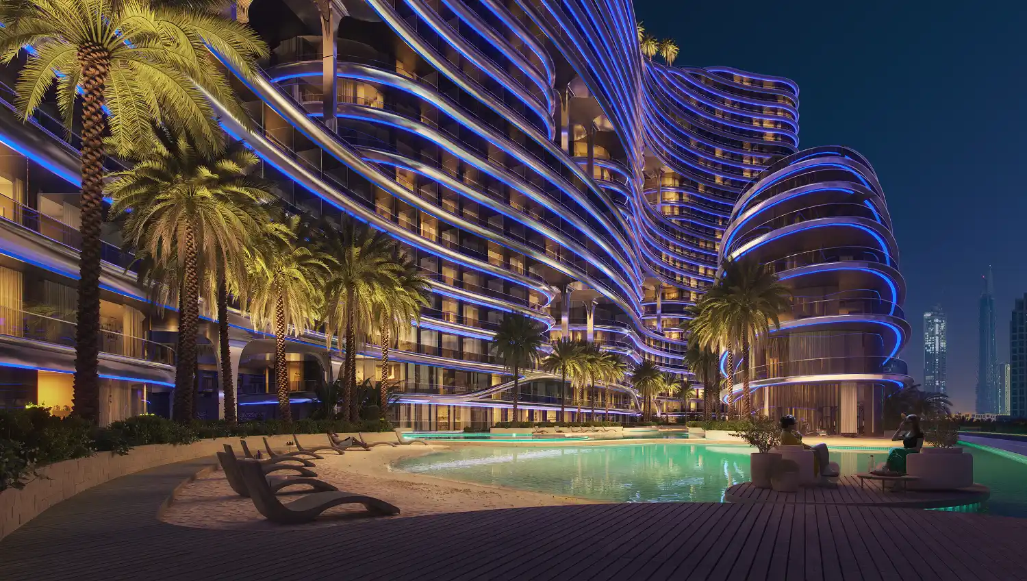 A luxurious, modern hotel, Binghatti Aquarise, features wavy blue neon lights that illuminate the night, overlooking a palm-lined pool area with lounge chairs, lush greenery, and a stunning city skyline in the background.