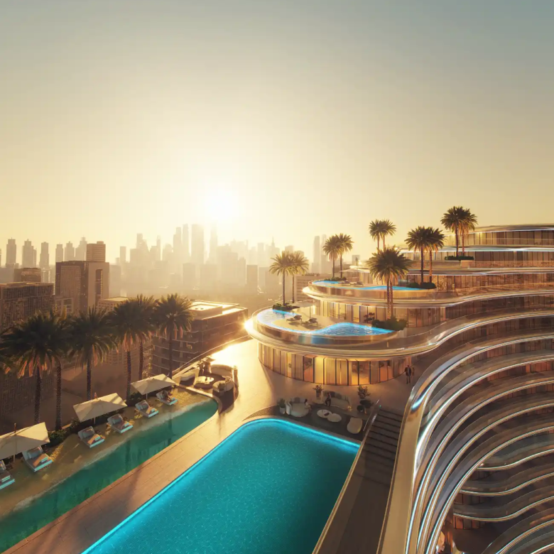 A modern luxury hotel with tiered infinity pools and palm trees overlooks the Binghatti Aquarise city skyline at sunset, with a large pool and sun loungers on the terrace, all bathed in warm, golden light.