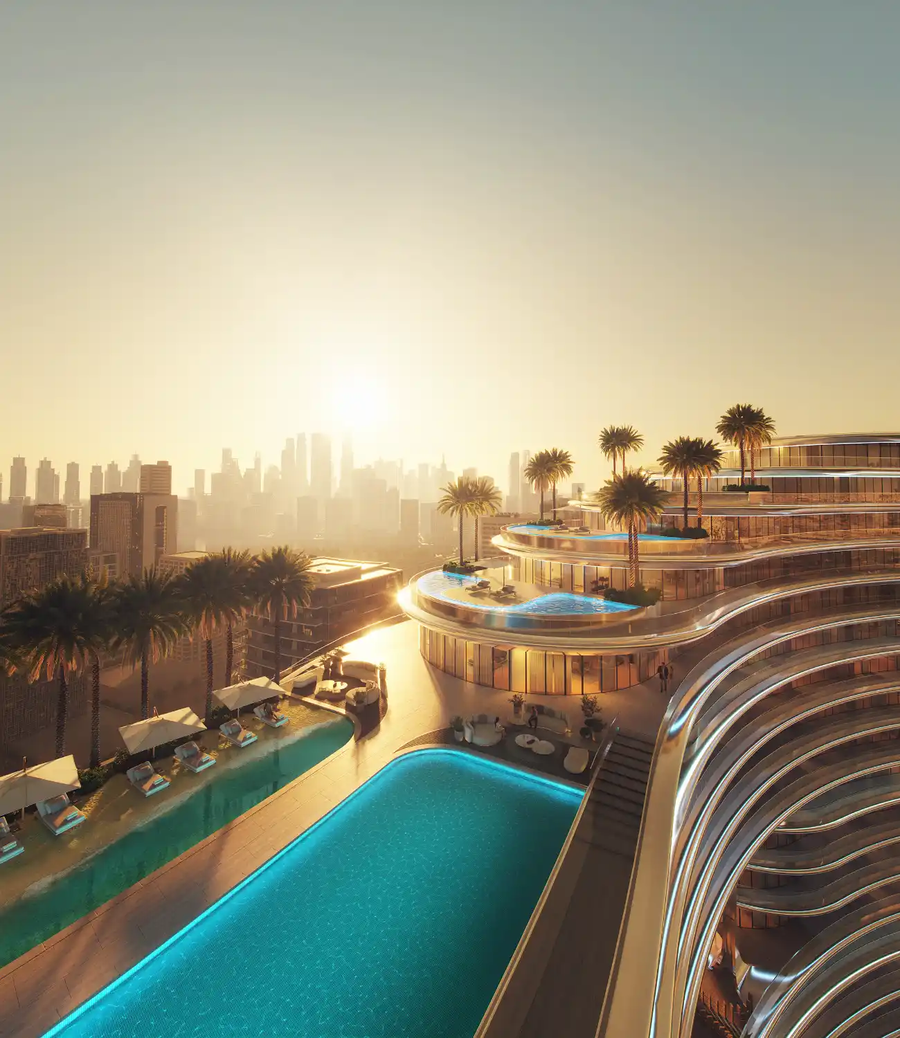 A modern luxury hotel with tiered infinity pools and palm trees overlooks the Binghatti Aquarise city skyline at sunset, with a large pool and sun loungers on the terrace, all bathed in warm, golden light.