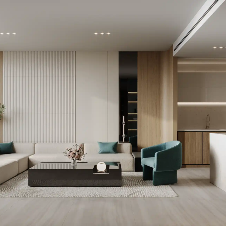 Dubai Business Bay Binghatti Aquarise modern 2 bedroom apartment living room and open kitchen interior with beige sofa and island seating