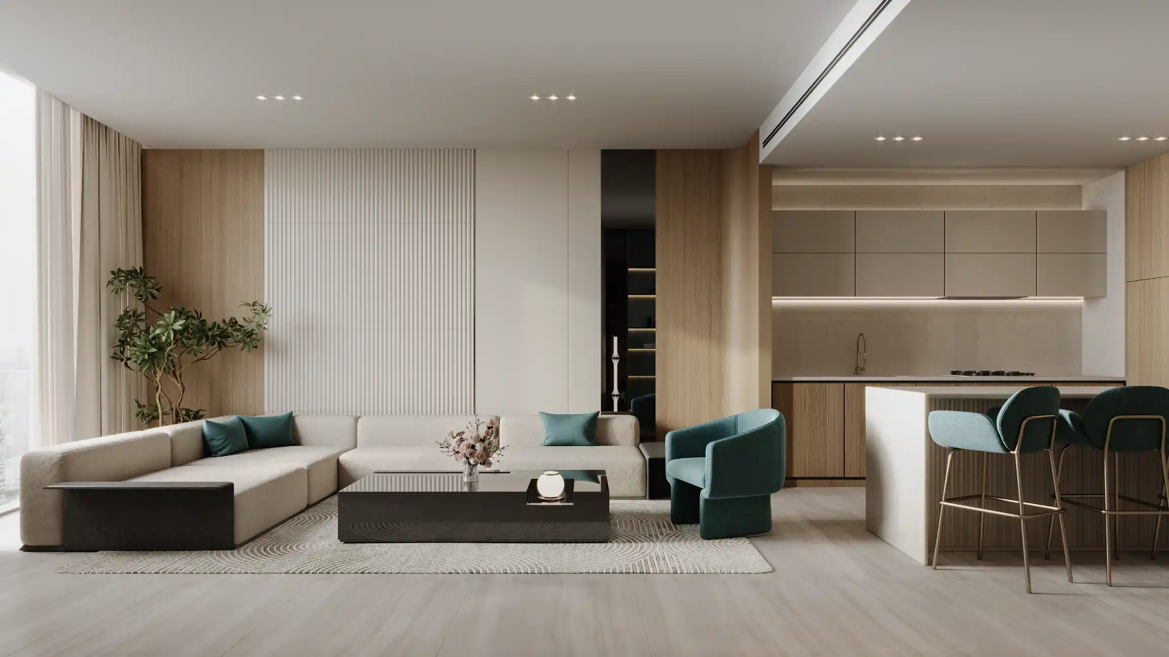 Dubai Business Bay Binghatti Aquarise modern 2 bedroom apartment living room and open kitchen interior with beige sofa and island seating