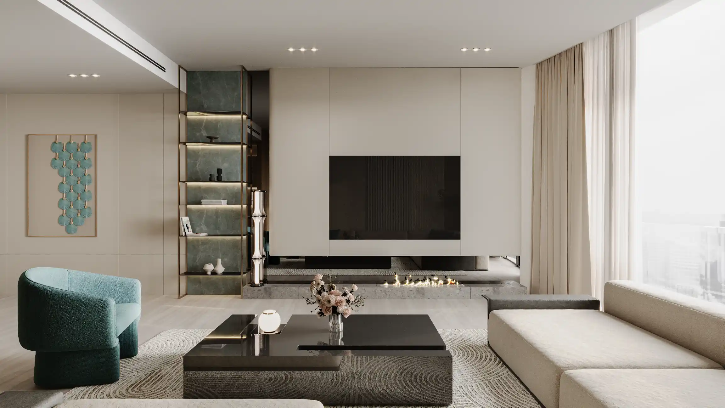 Modern living room at Binghatti Aquarise with neutral tones, a black coffee table, light beige sofas, blue chair, wall-mounted TV, built-in shelves, decorative items, artwork on the wall, and large windows with sheer curtains.