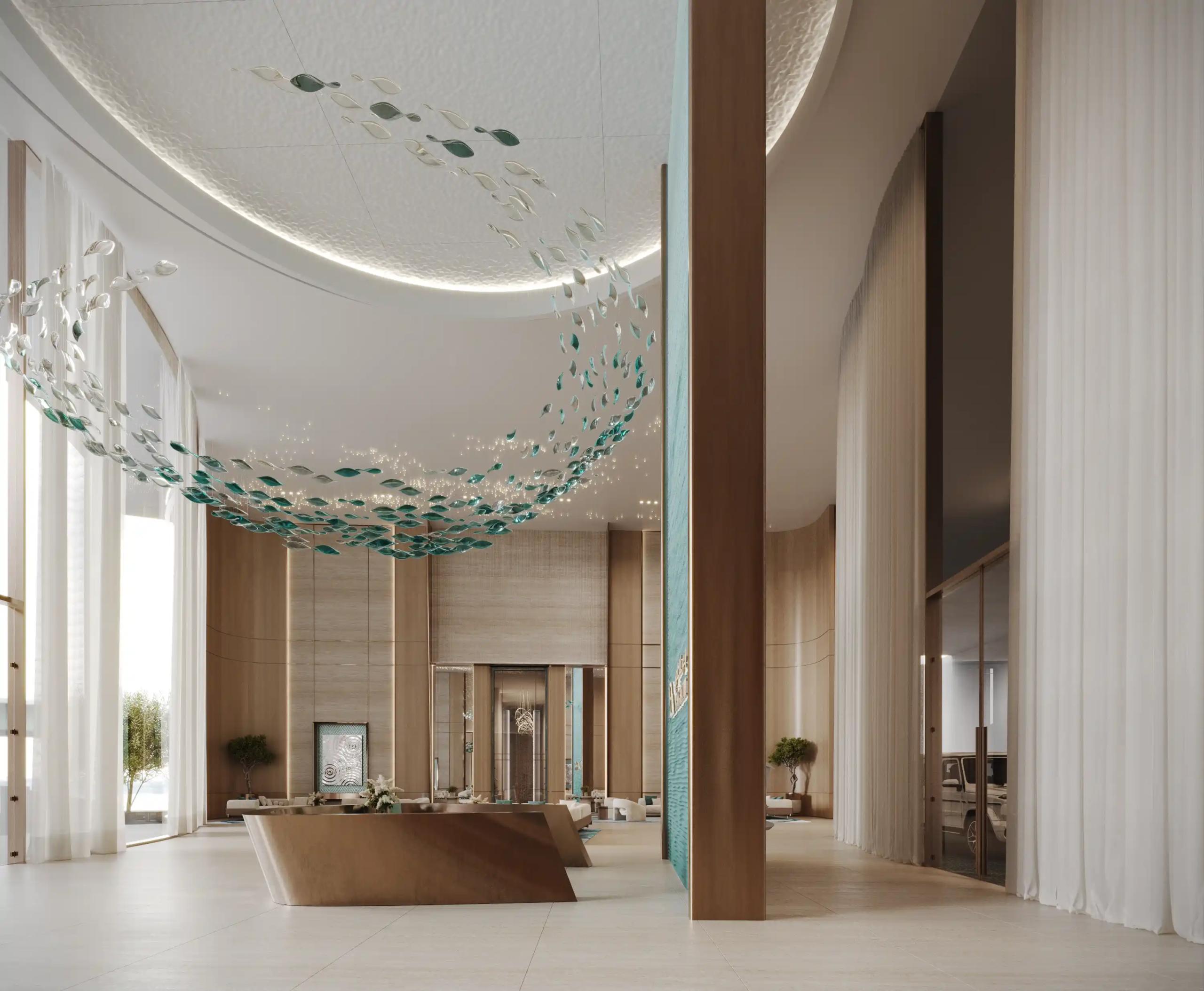 Spacious modern lobby with curved wooden walls, sheer curtains, and a sculptural wooden reception desk welcomes you at Binghatti Aquarise. A decorative ceiling installation and natural light streaming through large windows create a vibrant atmosphere.