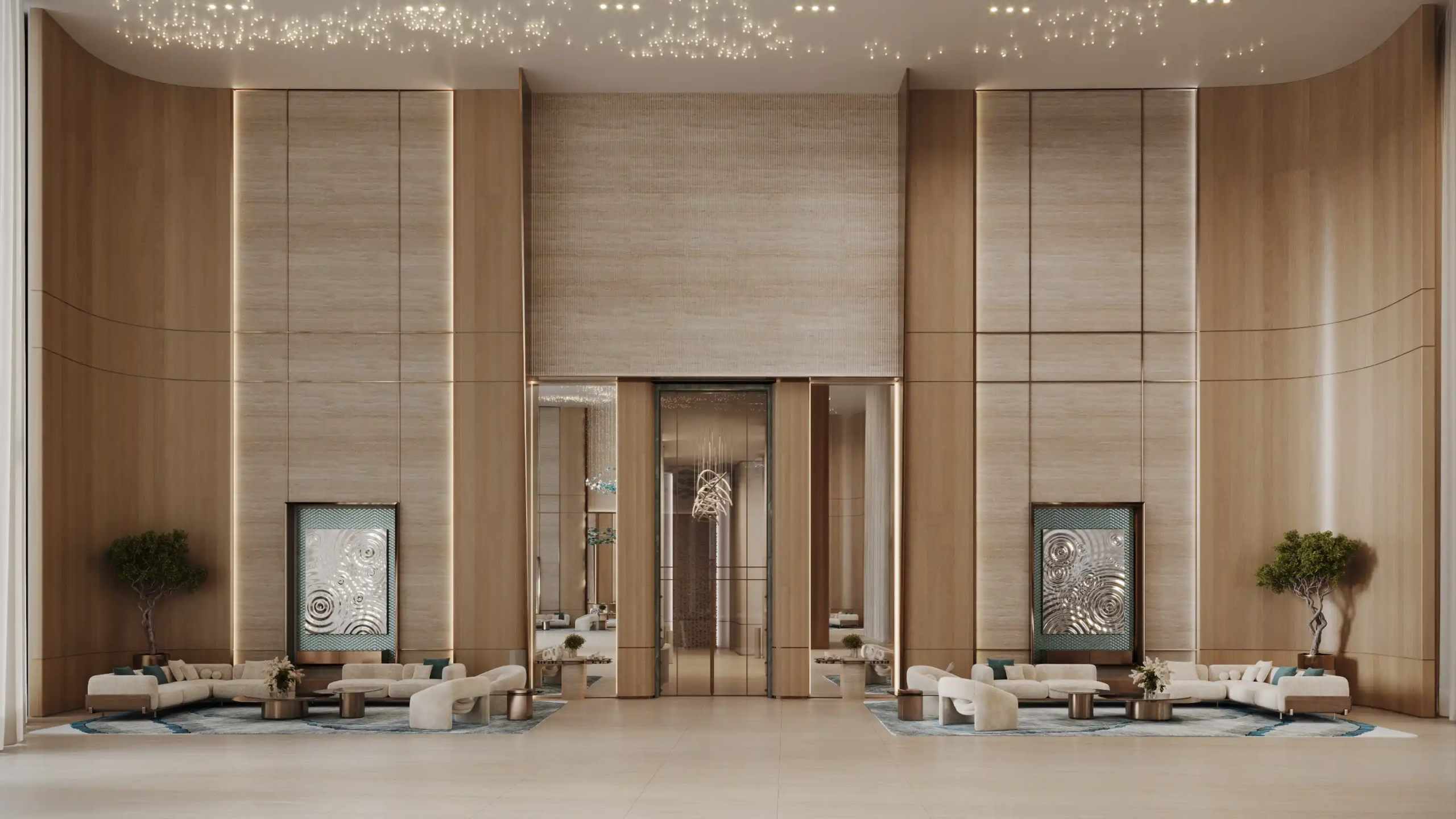 A spacious, modern lobby with tall wood-paneled walls at Binghatti Aquarise, featuring two symmetrical seating areas with white sofas, large decorative art pieces, potted trees, and a high ceiling adorned with small hanging lights.