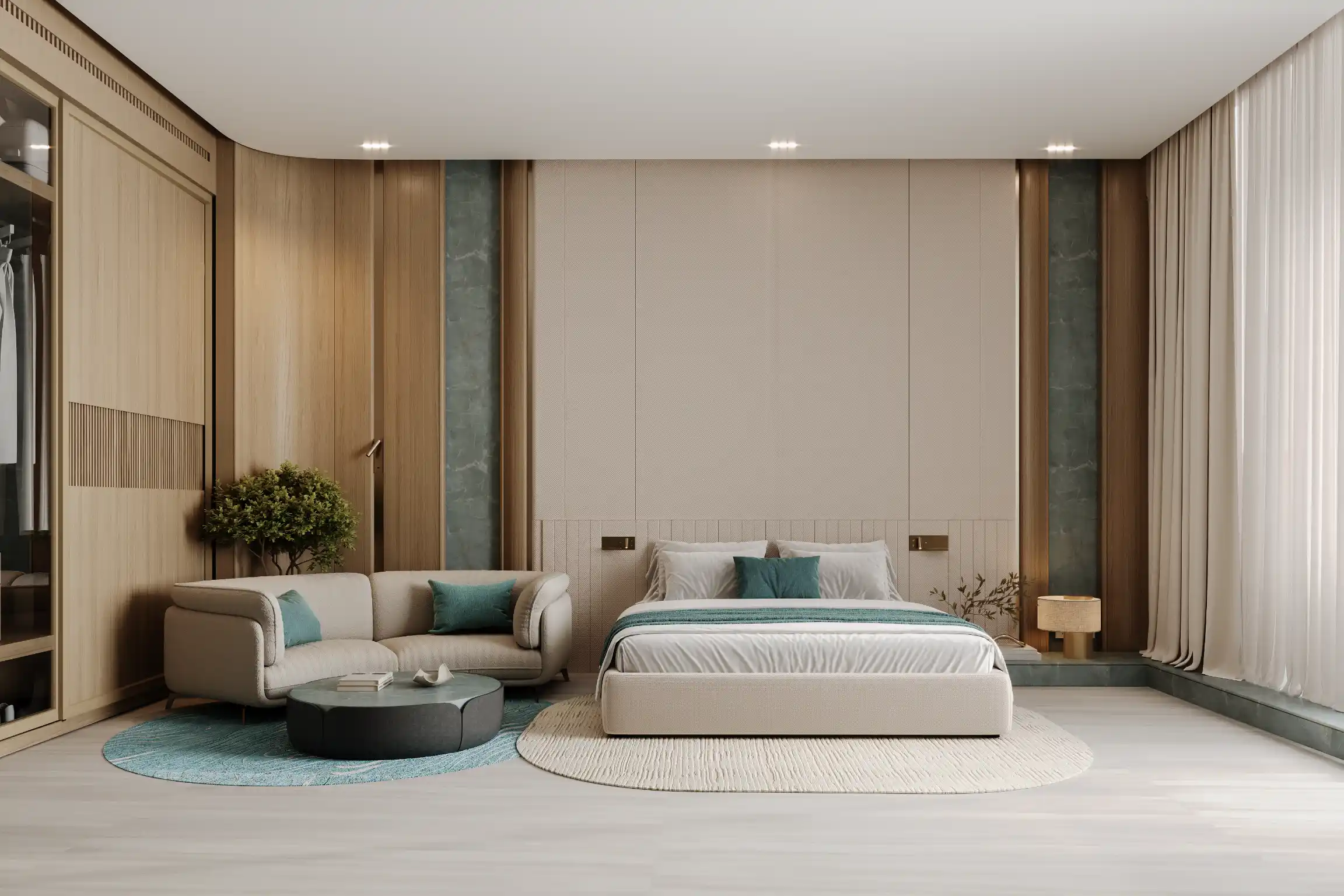 Modern bedroom at Binghatti Aquarise with a large beige bed, gray and beige sofa with teal pillows, circular rugs, and floor-to-ceiling windows. Wood paneling, soft lighting, and minimalist decor complete the serene atmosphere.