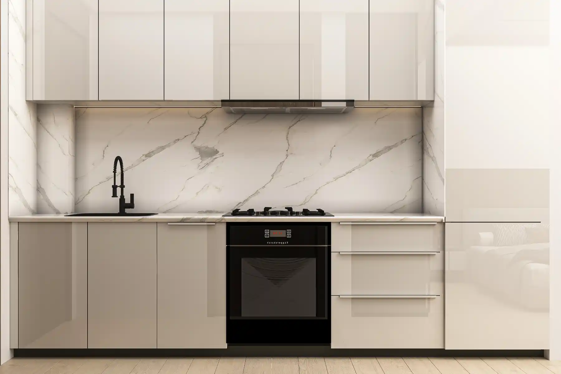 Modern kitchen in Binghatti Apex with glossy beige cabinets, marble backsplash, black oven and stove, black faucet, and light wood flooring. The overall design is sleek and minimalist.